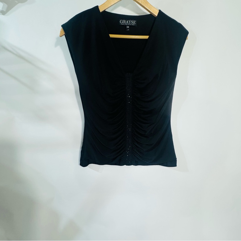 NEW Grayse Black V-Neck Cap Sleeve Jeweled Top Blouse
